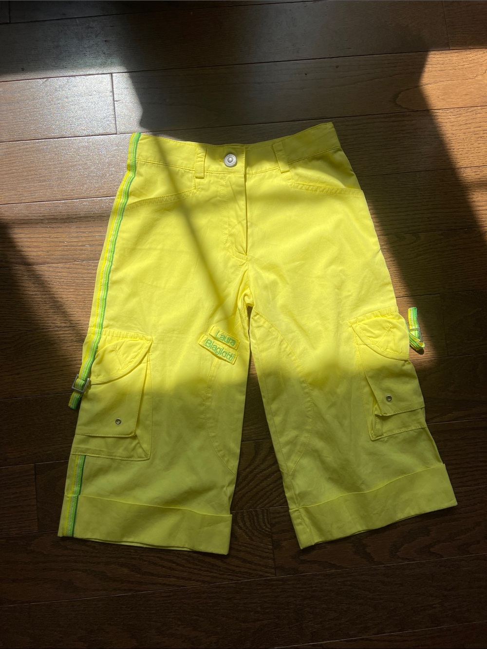 Neon Yellow Kids Cargo Capri pants  with Accent Stripe